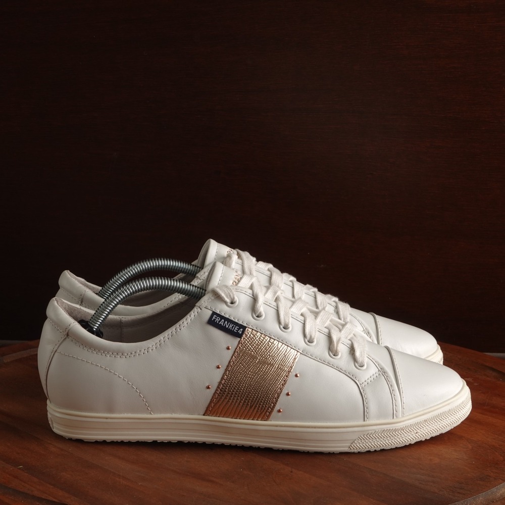 Frankie4 Sneakers Womens SZ 12 White Gold Elena II Leather Classic Casual Shoes